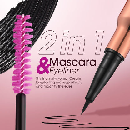 2 IN 1 Long Wear Black Eyeliner Lengthening Non- Smudge Mascara